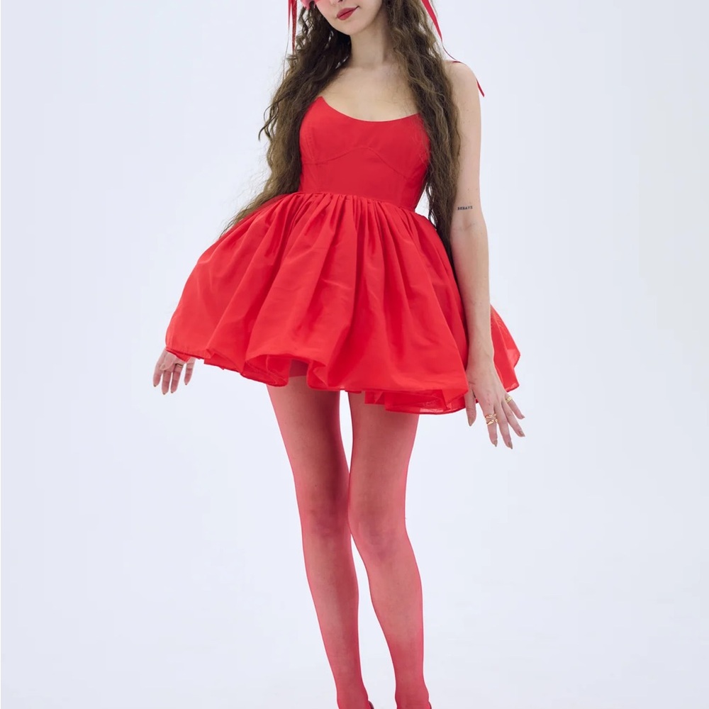 Selkie Veuve The New Era Mini Puff Dress in Cherry Red 2x